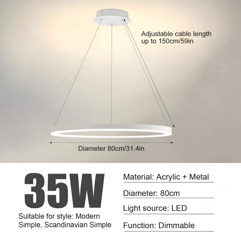 YYUTLUO Modern LED Csillár - 80 cm Fehér Kör Alakú Függőlámpa, 35W, Távirányítható, Fényerőszabályozható, Nappali és Hálószoba Világítás