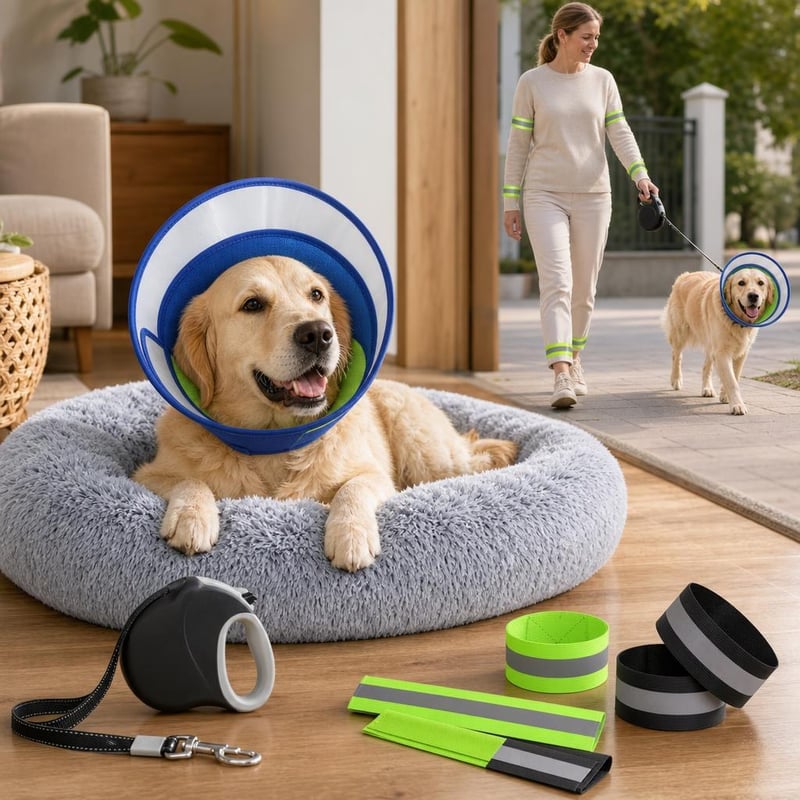 Kit recuperare câini: guler + 8 benzi reflectorizante + lesă 8m + culcuș pluș