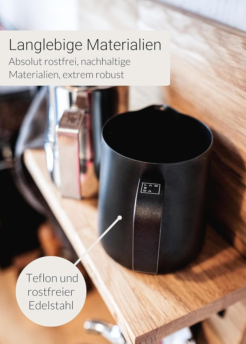 Lambda Coffee Rozsdamentes Acél Barista Tejkiöntő 350 ml - Tejhabosító Kancsó Latte Art Készítéséhez, Mosogatógépben Mosható