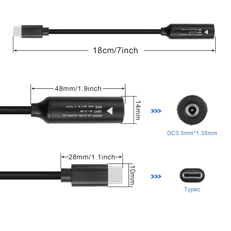 GINTOOYUN PD65W DC 3.5x1.35mm - USB-C Töltőkábel Laptopokhoz, Telefonokhoz és Tabletekhez, 18cm, 65W Teljesítménnyel