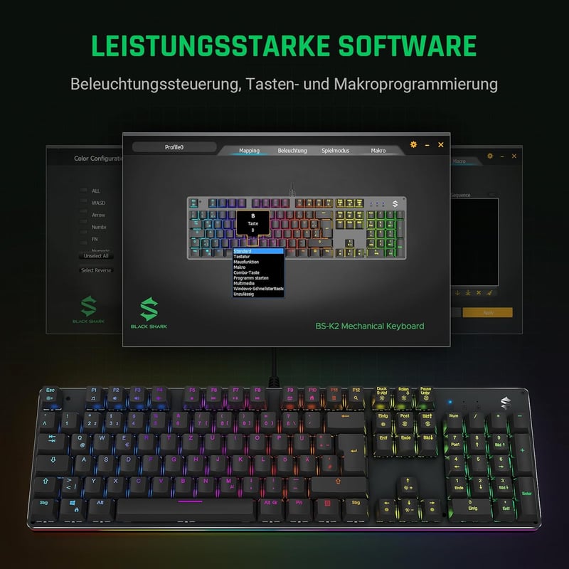 Black Shark RGB mechanikus gamer billentyűzet, kék kapcsolók, QWERTZ német kiosztás