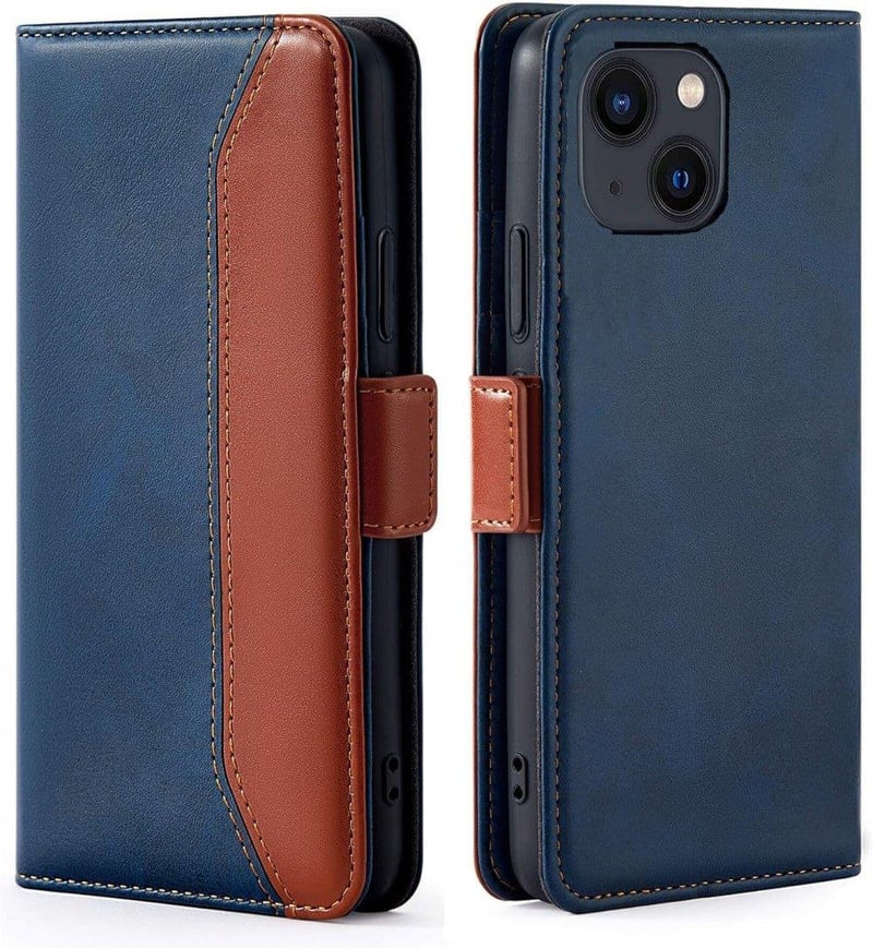 iPhone 13 5G Bőr Pénztárca Tok Kártyatartóval, Kitámasztóval - Farmerkék-Barna