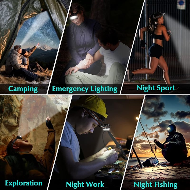 DAWINSIE LED Fejlámpa USB Tölthető, 8 LED 12000lm, 4 Üzemmód, Vízálló, 90° Forgatható, Túrázáshoz, Kempinghez, Horgászathoz