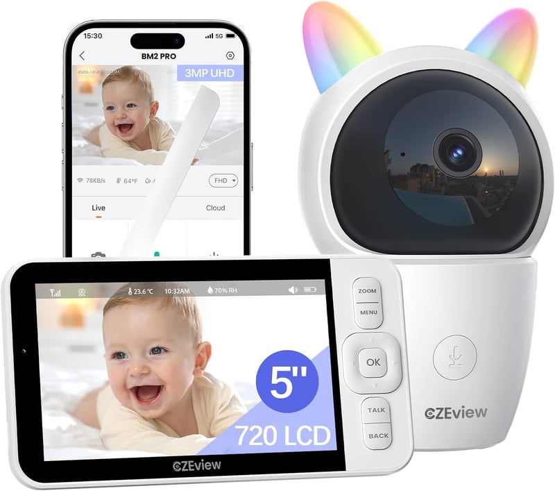 CZEview Bébiőr 2K Kamerával - 5" WiFi Videó Monitor, 360° PTZ, 4x Zoom, Éjjellátó, Mozgásérzékelés, Hőmérsékletjelző, Applikációval