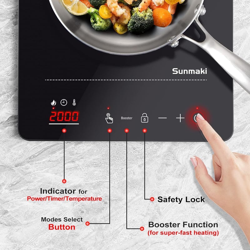 Sunmaki 2000W-os indukciós főzőlap - érintőképernyős, LED-es, időzítővel, kempingre és konyhába