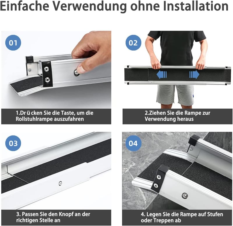 gardhom Teleszkópos Kerekesszék Rámpa 74,5-122 cm - Állítható Alumínium Csúszásgátló Felülettel, 272 kg Teherbírással Lépcsőkhöz, Tárolótásk