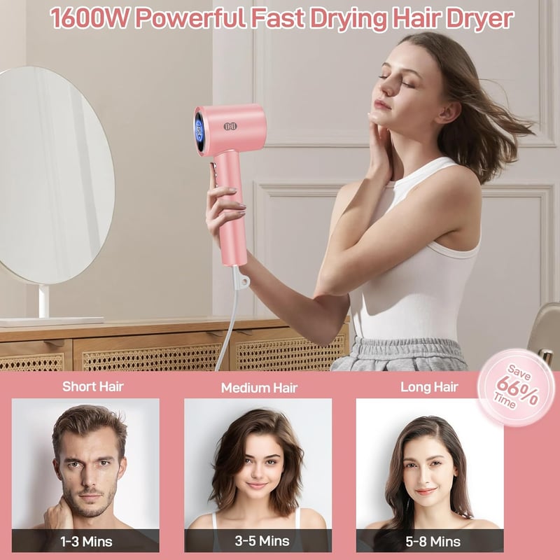 CIICII Ion Hajszárító 1600W - 120.000 RPM Kefe Nélküli Motor, 3 Sebesség, 4 Hőfokozat, HD Kijelző, Hordtáska, Gyorsszárítás Otthoni és Utazá