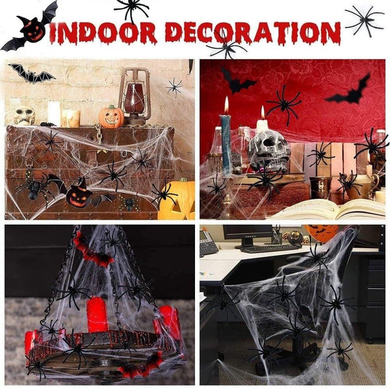 Óriás Halloween Szett: Pókháló, 60 Pók és 24 Denevér - Ijesztő Dekoráció