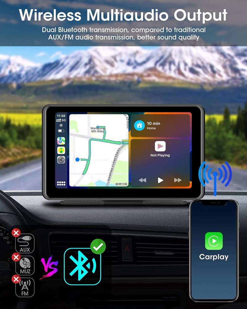 Jansite T88-EU 7" Hordozható Autós Érintőképernyős Kijelző - Apple CarPlay és Android Támogatás, Dual Bluetooth, 1080P Tükrözés, FM Rádió