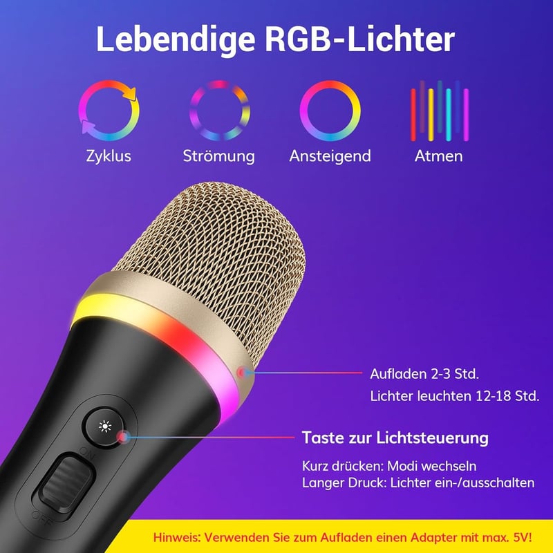 TONOR RGB XLR Karaoke Mikrofon, 5m Kábellel, Fekete Szuperkardioid