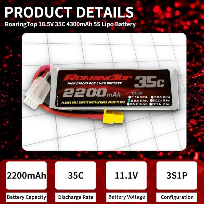 Roaring Top 2200mAh 11.1V 3S 35C LiPo akkumulátor XT60 csatlakozóval RC járművekhez és drónokhoz (2 db)