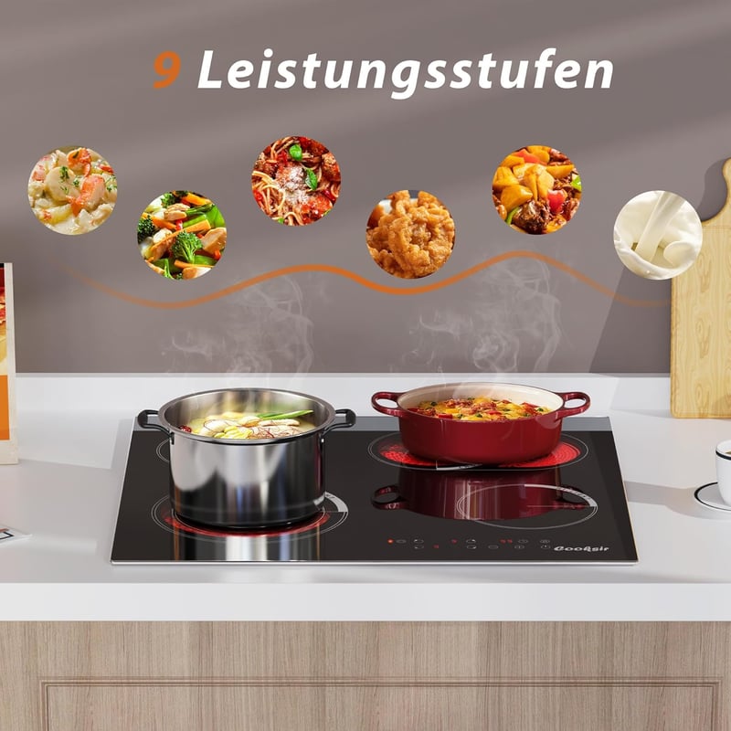 Cooksir Beépíthető Üvegkerámia Főzőlap 59 cm - 4 Zónás, Ovális és Dupla Főzőfelülettel, 6700W, Gyerekzárral, Túlmelegedés Elleni Védelemmel - Set of 4 With Oval Zone