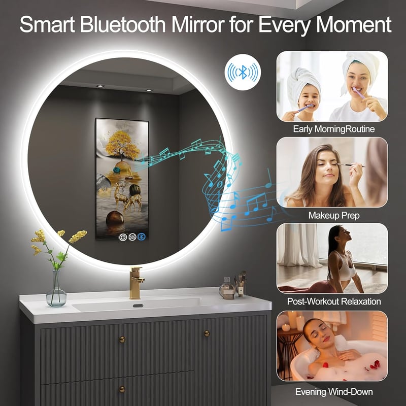 S'bagno 60 cm Kerek LED Fürdőszobai Tükör - Érintésérzékelős, Fényerőszabályozós, Színváltós Világítással és Bluetooth Hangszóróval