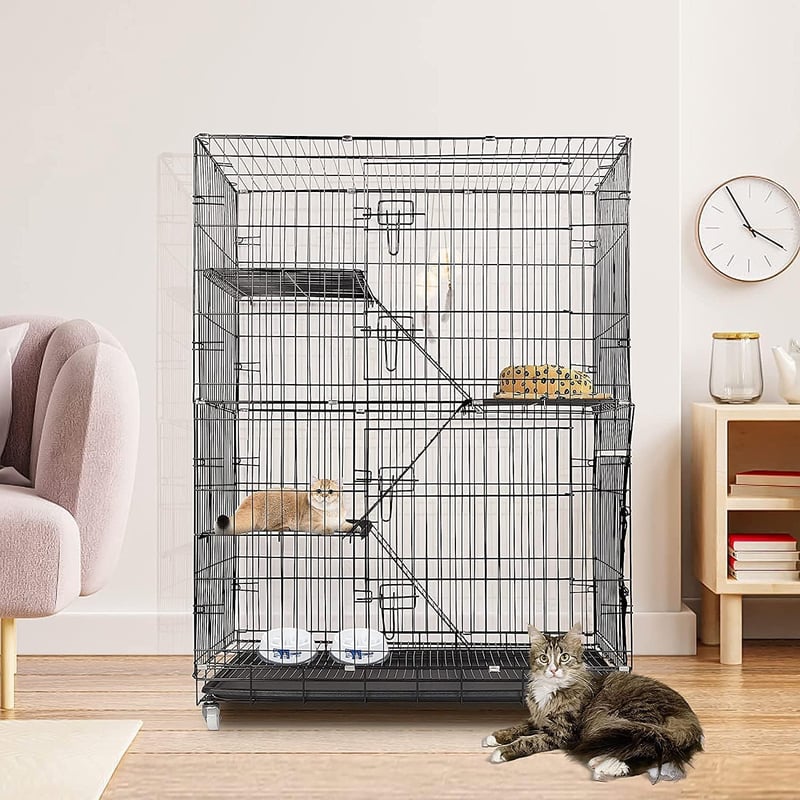 ybaymy Összecsukható Macskaketrec 4 Szintes - 90x55x125 cm Fém Ketrec 1-3 Macskának, 360° Forgatható Kerekekkel, Rámpával, Bel- és Kültéri