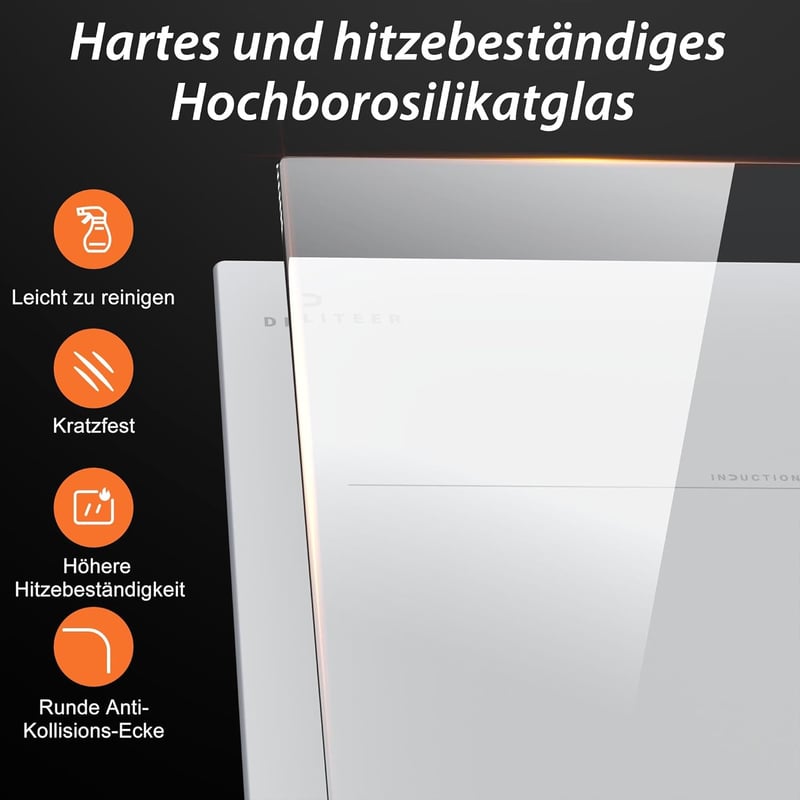 DELITEER Indukciós Főzőlap 4 Zónával, 59 cm Beépíthető, Fehér Kerámiaüveg, 3500W, 9 Teljesítményszint, Gyerekzár, Érintőgombos Vezérlés, 230