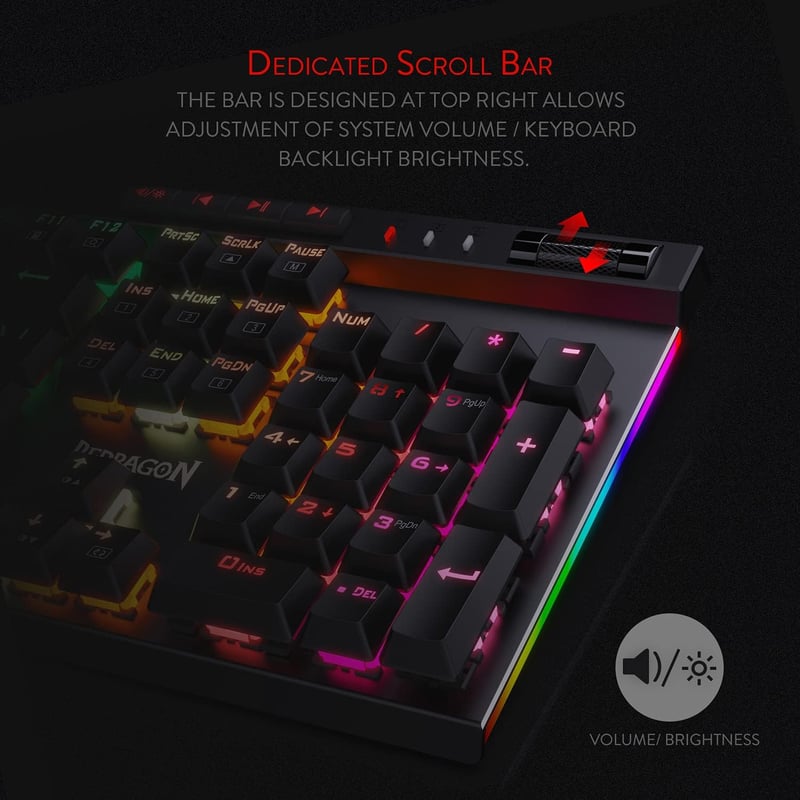 Redragon K580 VATA RGB LED Mechanikus Gamer Billentyűzet Kék Kapcsolókkal, Háttérvilágítással, Makró Gombokkal és Médiakonzollal, PC/Mac Kom
