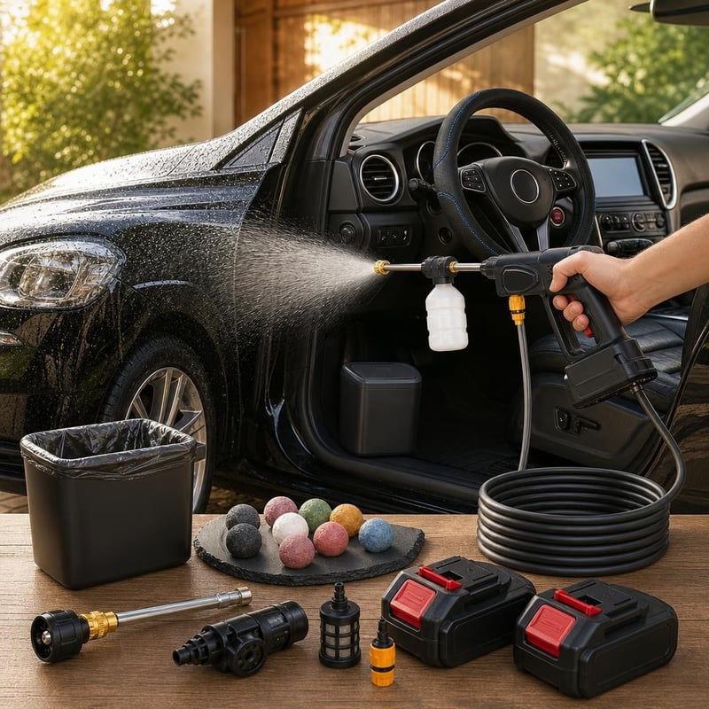 Sjajni auto paket: akumulatorski perač + navlaka za volan + mini kanta + 10x mirisne kuglice od lave
