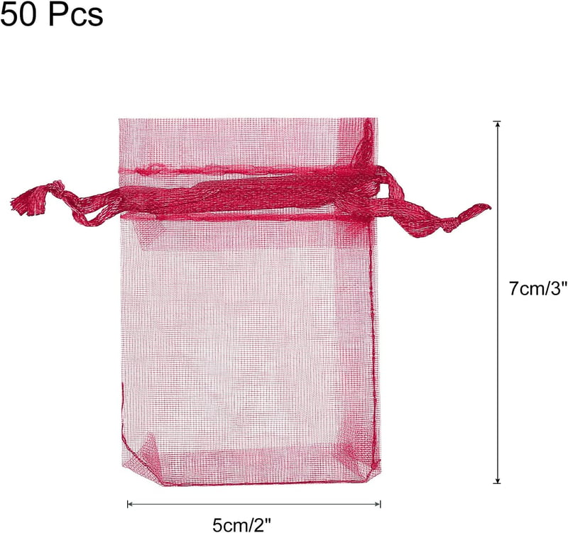 Sourcing Map 50db Bordó Organza Ajándékzsák 5x7cm - Esküvői, Karácsonyi Ékszertasak