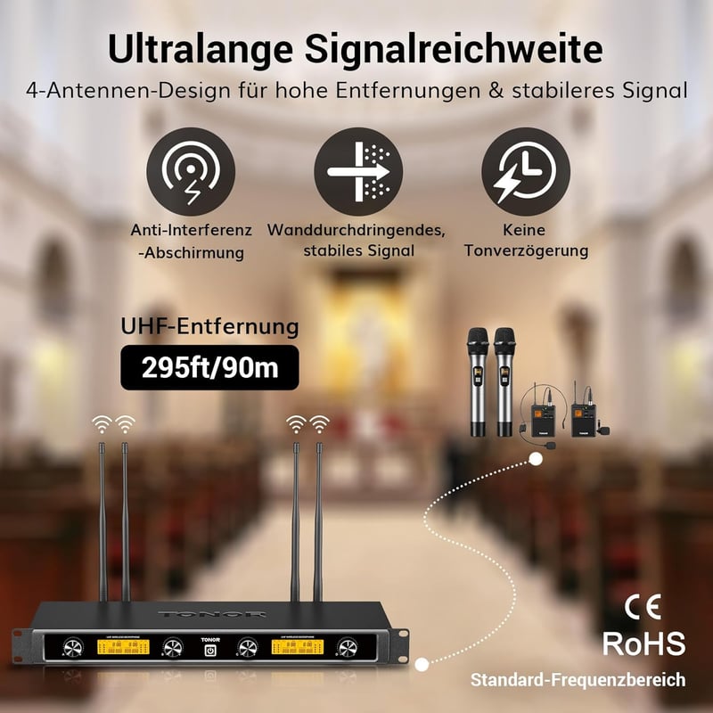 TONOR 4 csatornás UHF vezeték nélküli mikrofon szett, 90m hatótáv, karaokéhoz