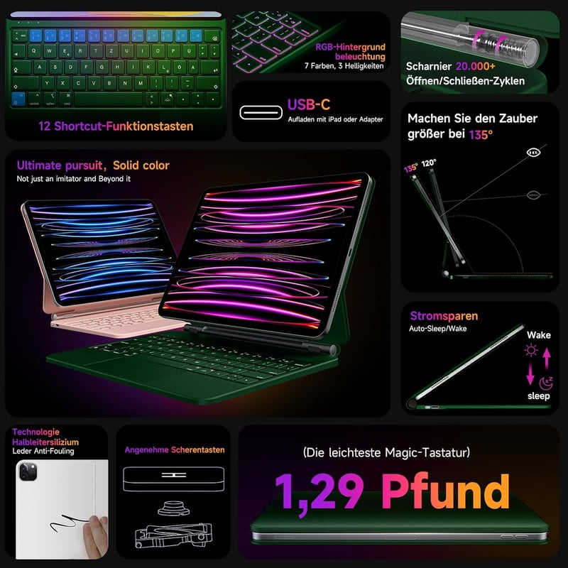 HOU iPad Billentyűzetes Tok - 7 Színű Háttérvilágítás, Érintőpad, QWERTZ - iPad Pro 11" (1-4. gen) és iPad Air (4-5. gen) Készülékekhez - Zö