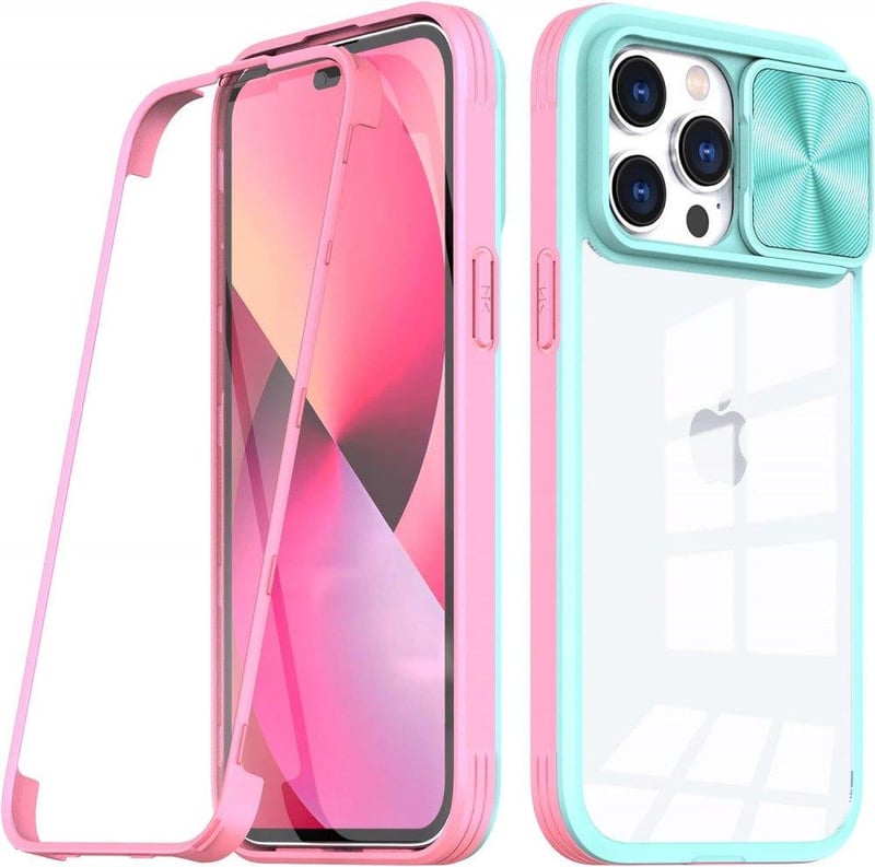 iPhone 14 Pro Max Ütésálló Tok Csúsztatható Lencsevédővel - Rózsaszín-Kék