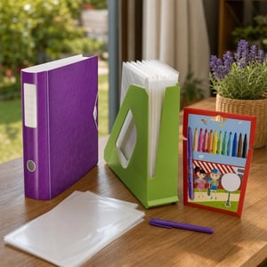 Set organizare birou: biblioraft A4 + 100 folii protecție + suport documente + 12 carioci