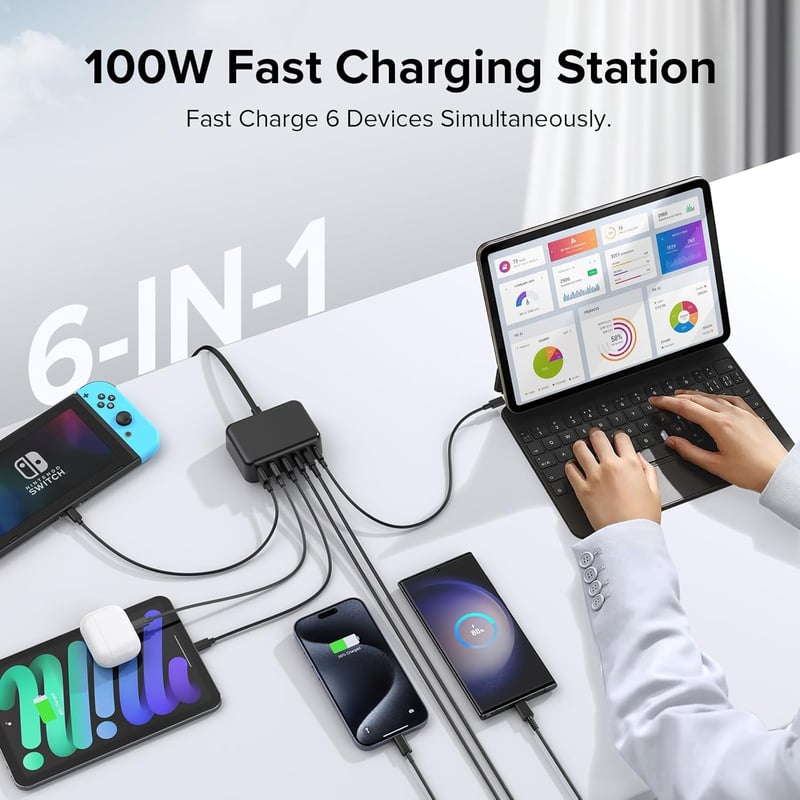 Zomvan 100W USB-C Gyorstöltő 6 Portos Töltőállomás - 3 USB-C és 3 USB-A Port iPhone 16/15/14, Samsung S24/S23, iPad Kompatibilis Fekete Tölt