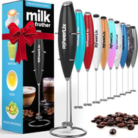POWERLIX Elektromos Tejhabosító Rozsdamentes Állvánnyal - 19000 rpm Kézi Tejfelverő Kávéhoz, Cappuccinóhoz, Forró Csokihoz, Fekete 1