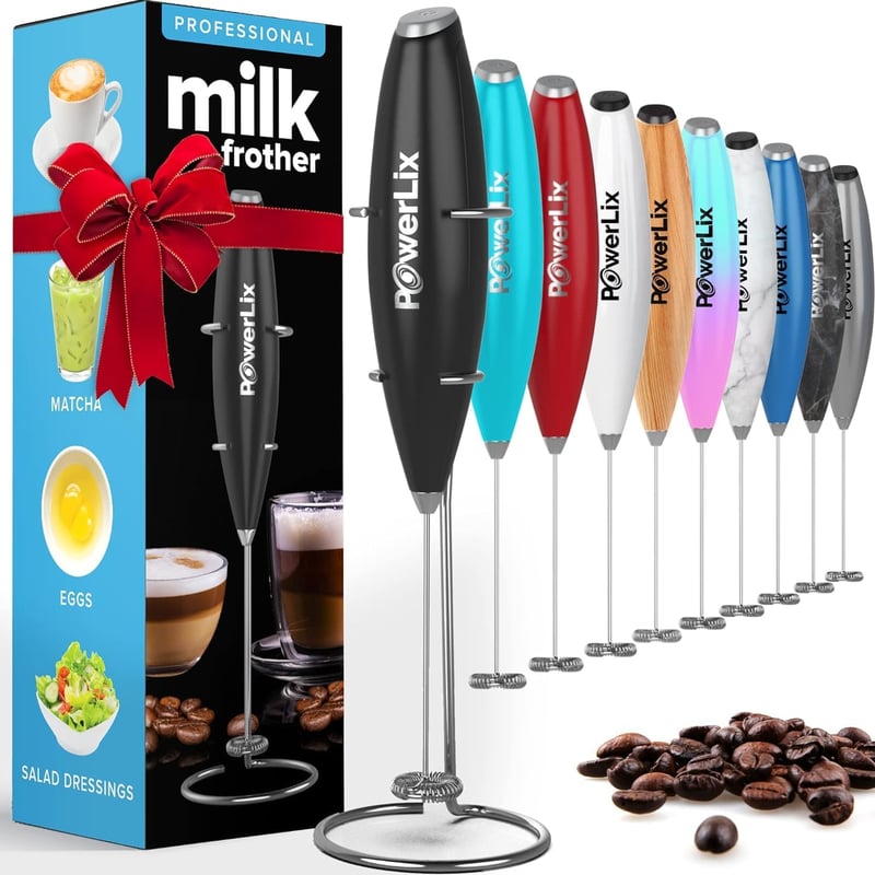 POWERLIX Elektromos Tejhabosító Rozsdamentes Állvánnyal - 19000 rpm Kézi Tejfelverő Kávéhoz, Cappuccinóhoz, Forró Csokihoz, Fekete