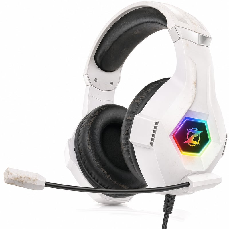 Ozeino Gaming Headset PS4 PS5 PC Xbox 360 mikrofonnal RGB világítással 3D — szakadozó fülpárnák, koszos fejpánt (állapot: lásd a 2. képet)