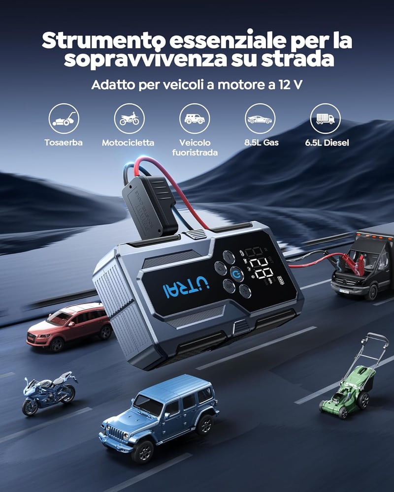 UTRAI 4000A Autós Bikázó Készülék 150PSI Kompresszorral - Gyorstöltés 3.0, 8.5L Benzin/6.5L Dízel Járművekhez, Beépített LED Lámpával