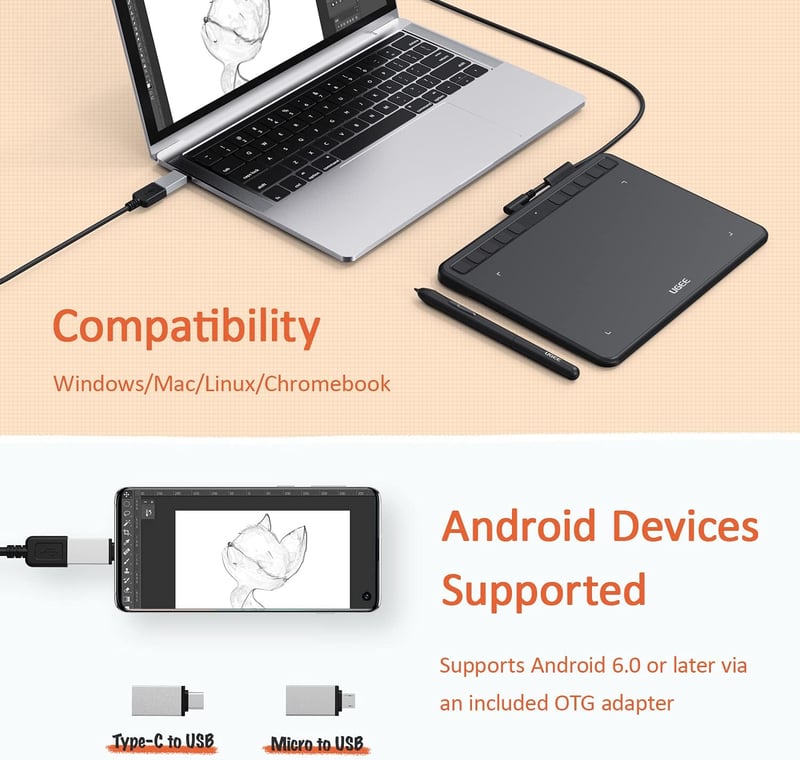 UGEE S640 Grafikus Rajztábla 8192 Nyomásérzékenységgel, 10 Gyorsgombbal - Kompatibilis Windows, Mac, Linux és Android Rendszerekkel