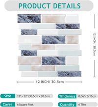 VEELIKE 3D Öntapadós Csempe Matrica - Kék-Zöld Mozaik Mintás Vízálló Fali Dekoráció Konyhába, Fürdőszobába - 30,5x30,5 cm, 6 db 7