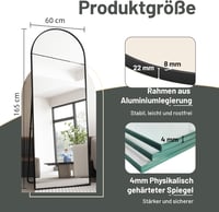 AUFHELLEN Ívelt Álló Tükör 165x60 cm - Fekete Fém Kerettel, HD Minőségű Teljes Alakos Tükör, Falra Akasztható, Nappali és Hálószoba Tükör 3