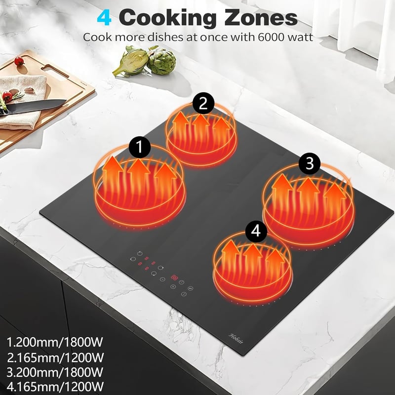 Hobsir hob 60 cm-es Üvegkerámia Főzőlap 4 Zónával, Érintőszenzoros Vezérlés, 6000W, 9 Teljesítményszint, LED Kijelző, Gyerekzár