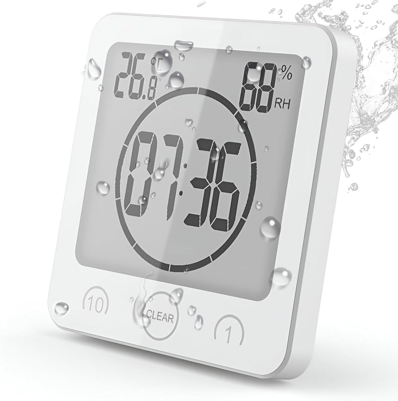 VORRINC Vízálló Digitális Fürdőszobai Óra - LCD Kijelzős Időmérő Hőmérséklet és Páratartalom Kijelzéssel Konyhába, Zuhanyzóba