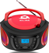 KLIM Boombox Hordozható CD Lejátszó - FM Rádió, Bluetooth, MP3, USB, AUX - Újratölthető Akkumulátor, RGB Világítás, Kompakt Kivitel (Piros) 1