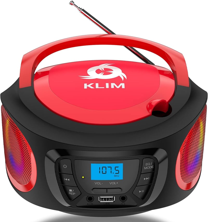 KLIM Boombox Hordozható CD Lejátszó - FM Rádió, Bluetooth, MP3, USB, AUX - Újratölthető Akkumulátor, RGB Világítás, Kompakt Kivitel (Piros)