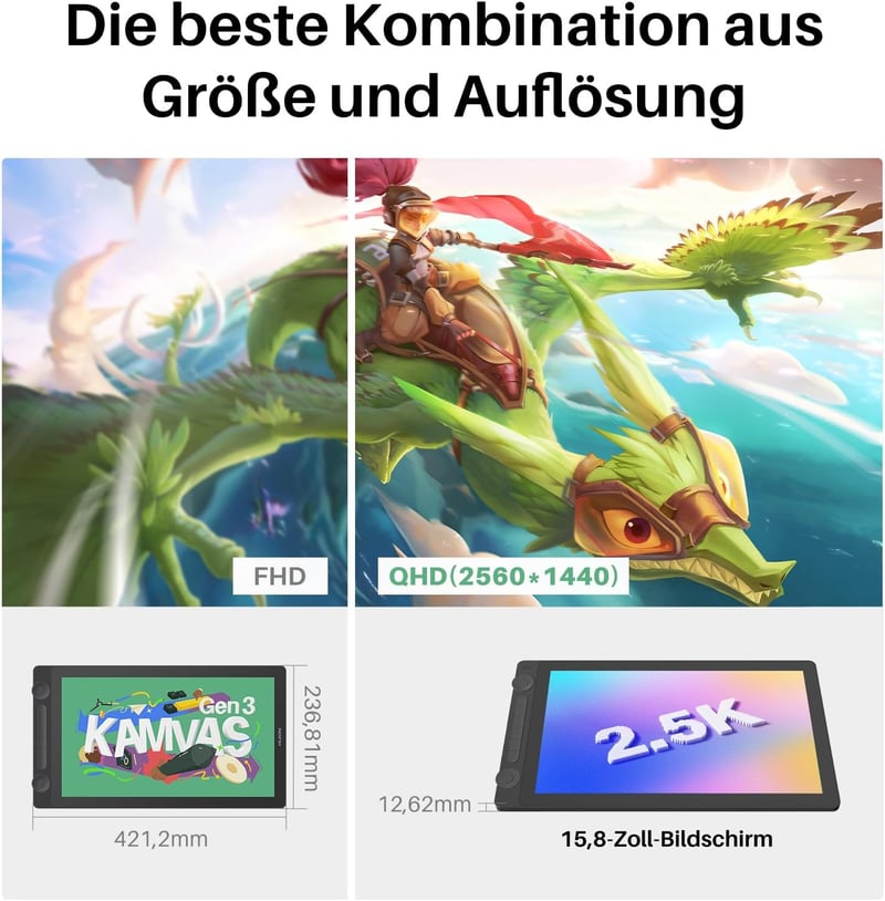 HUION Kamvas 16 Gen 3 Grafikus Rajztábla 15,8" 2.5K QHD Kijelzővel, Tükröződésmentes Üveggel, 99% sRGB, PenTech 4.0, 16384 Nyomásérzékenység