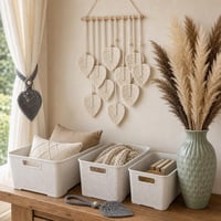 Boho dekor set: makramé záves + 3x košík + 2x úchyt na záves + 120x pampová tráva + keramická váza 1