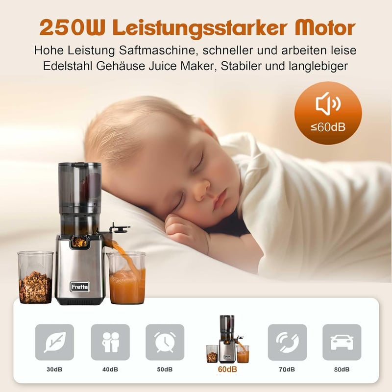 Fretta Slow Juicer 250W Gyümölcs- és Zöldségprés - Rozsdamentes Acél Hidegprés 135mm Széles Adagolónyílással, Visszaforgató Funkcióval, BPA-