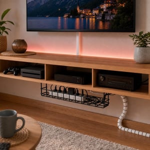 Pachet Organizare TV: Cablu HDMI + 4m canal cablu + organizator spirală + tavă cabluri + 3m bandă LED