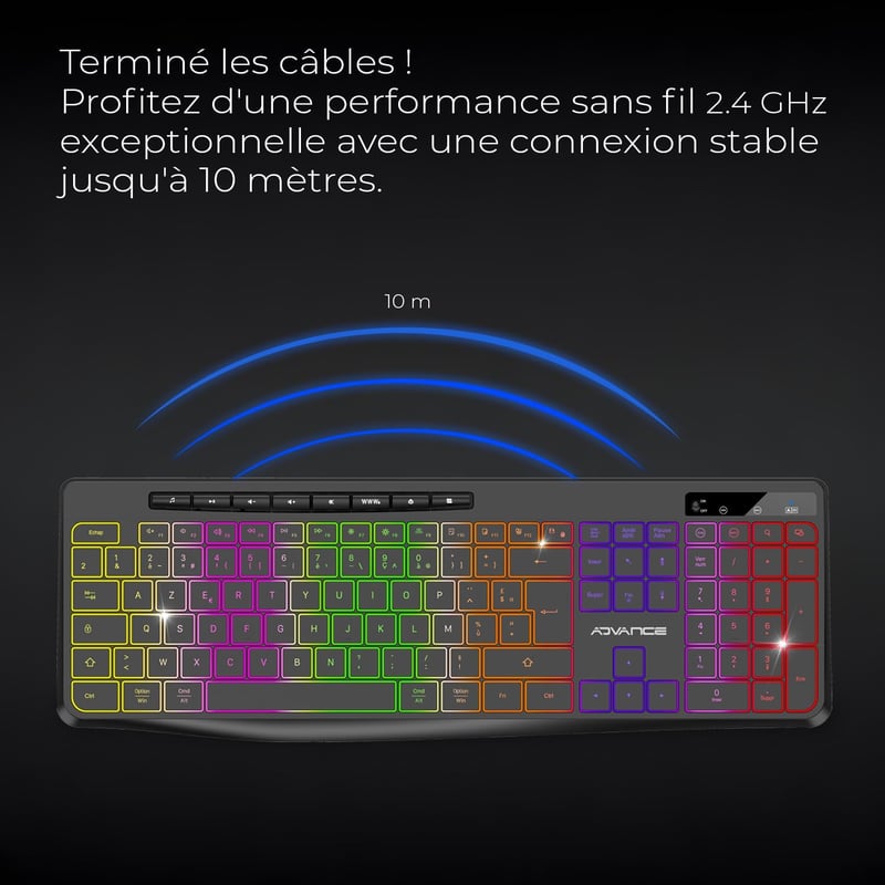 AD ADVANCE R Type Vezeték Nélküli Billentyűzet - Csendes, Tölthető, RGB Háttérvilágítás, Francia Kiosztás, Windows/Mac Kompatibilis