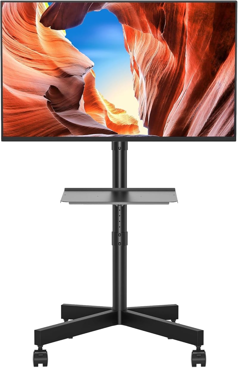 BONTEC Gurulós TV Állvány 23-60" Képernyőkhöz, Laptoptartó Polccal, Állítható Magasságú, 25 kg Teherbírású, VESA 400x400 mm Kompatibilis