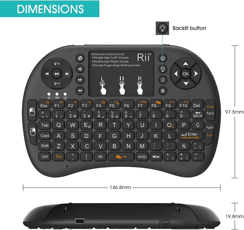 Rii i8+ vezeték nélküli mini billentyűzet touchpaddal, LED háttérvilágítással