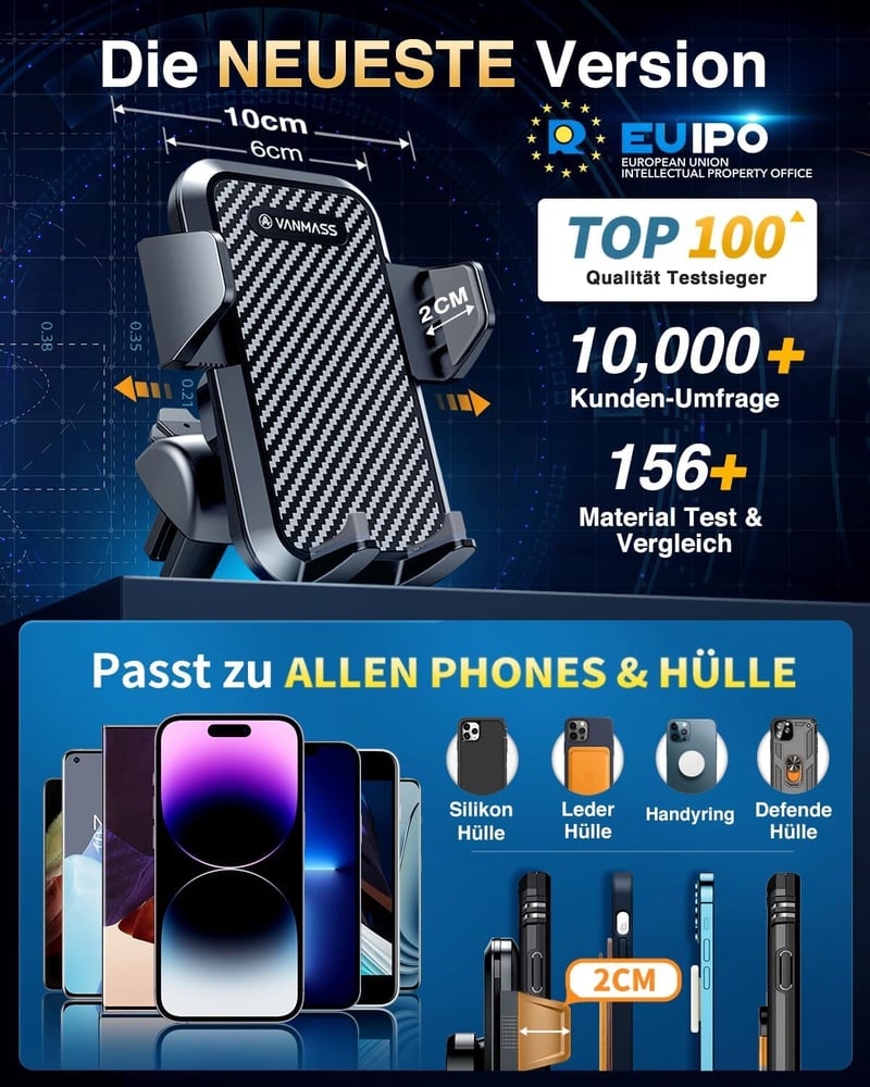 VANMASS Autós Telefontartó, Univerzális Szélvédőre és Szellőzőrácsra, Tapadókorongos, 360° Forgatható, Fekete