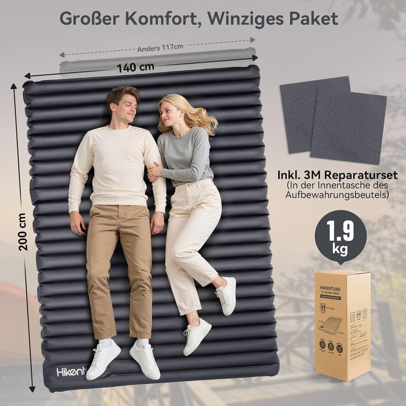 Hikenture Ultrakönnyű Dupla Kempingmatrac - 200x140x10cm Felfújható Matrac 2 Személynek, Beépített Lábpumpával, Túrázáshoz, Kempingezéshez, 
