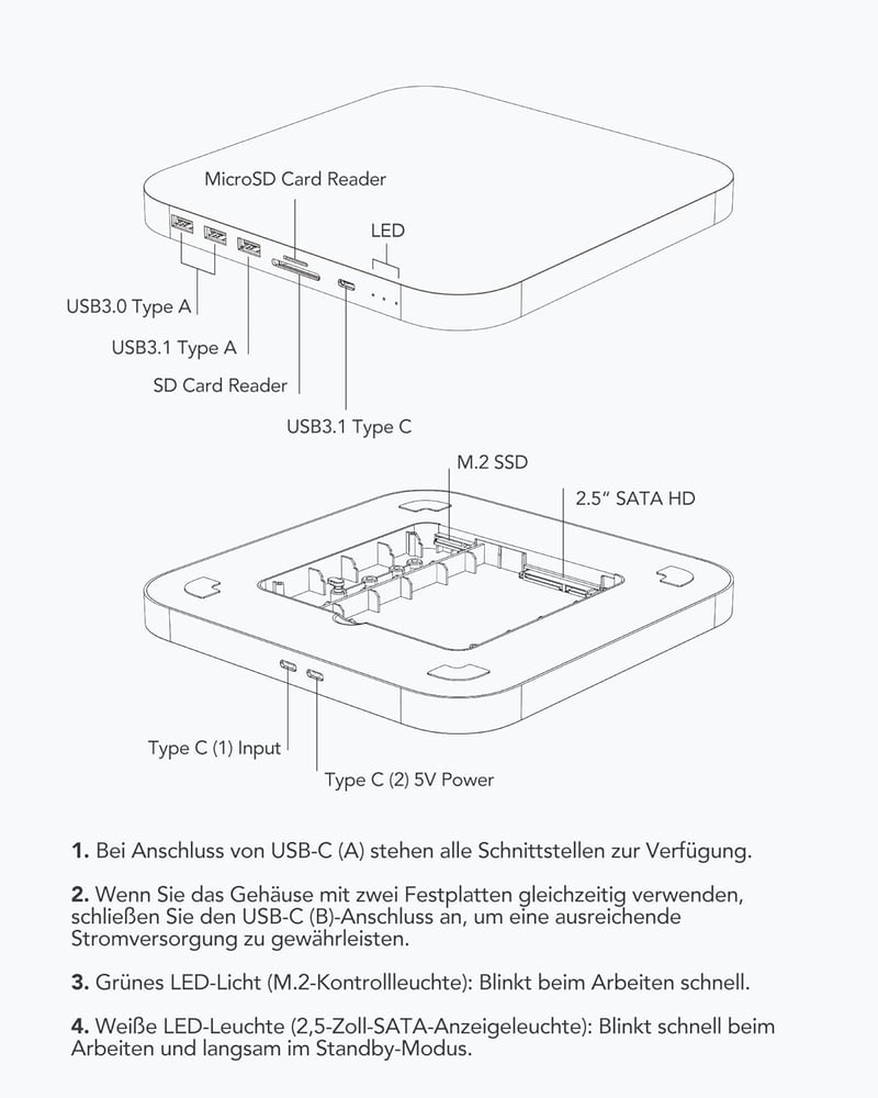 AGPTEK Type-C Hub Mac Mini M1 M2 Dokkoló Állomás - NVMe/SATA SSD Bővítőhely, Kártyaolvasó, USB Portok, Ezüst