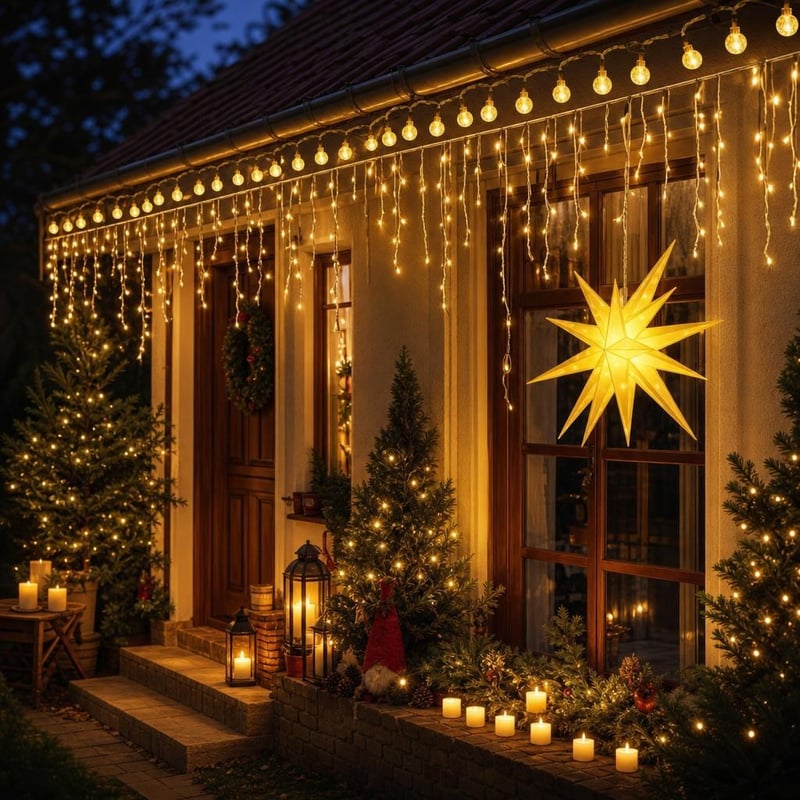 Fényfüzér-varázs: 6 m kültéri fényfüzér + 10 m jégcsapfüggöny + LED csillag + 24 db LED mécses