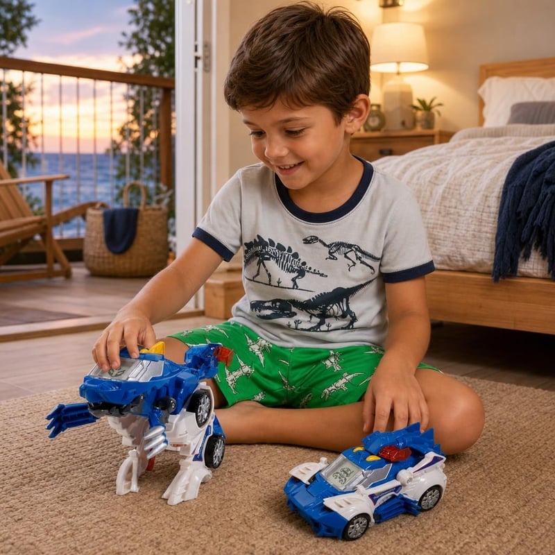 Dino pyžamová párty: letné pyžamo veľ. 110 + 1× dínó-auto transformátor so zvukom